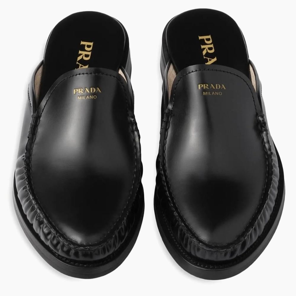 $1,200 Prada Logo Brushed Leather Mules Black EU 40 US 10 BNIB AUTHENTIC